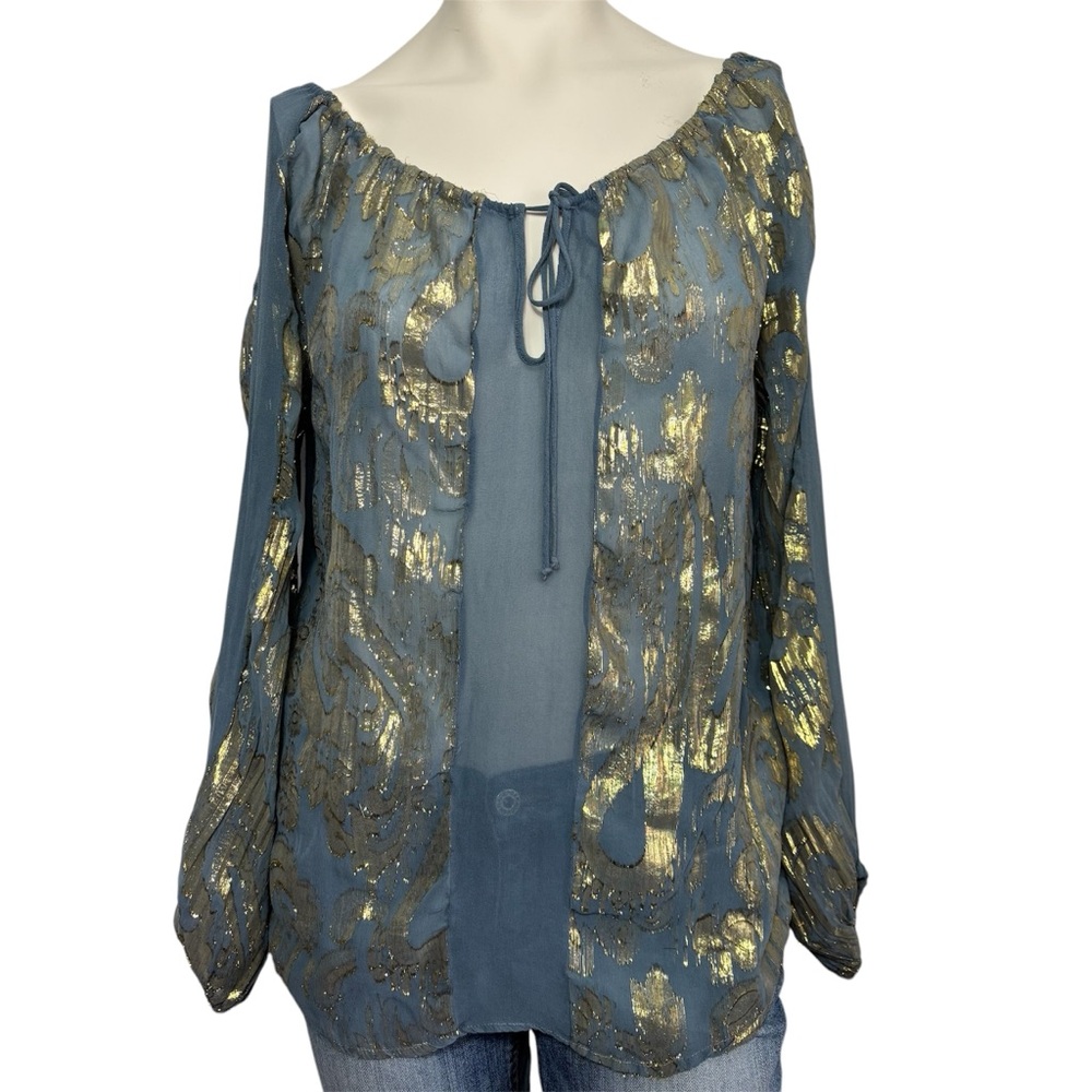 Anthropologie language gold blue front tie blouse